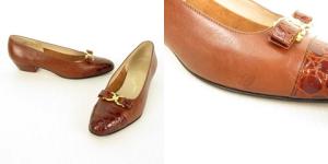 Salvatore Ferragamo ガンチーニ クロコ型押し キャップトゥ パンプス ローヒール 6 C ブラウン