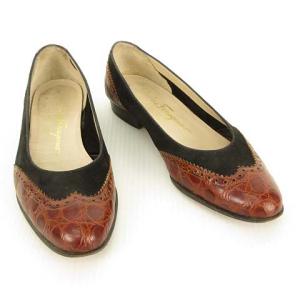 Salvatore Ferragamo クロコ型押し ウイングチップ バイカラー パンプス フラットシューズ 5 C ブラウン ブラック IBO29