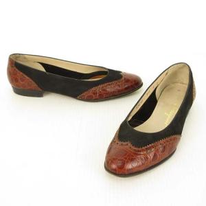 Salvatore Ferragamo クロコ型押し ウイングチップ バイカラー パンプス フラットシューズ 5 C ブラウン ブラック IBO29