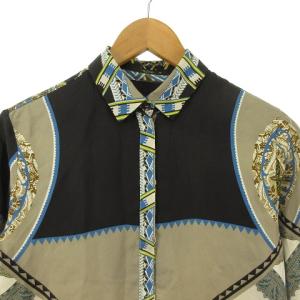 ETRO 総柄 スカーフ シルク シャツ 長袖 38 ベージュ 比翼 IBO29 1024