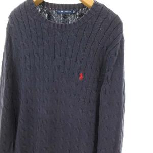 RALPH LAUREN コットン ケーブル ニット セーター クルーネック ワンポイント 長袖 L ネイビー