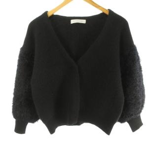 アンゴラ混 シャギーニット カーディガン Vネック 袖切り替え 38 ブラック
