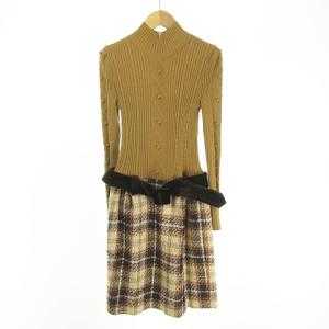 ベロアベルト付き ドッキングワンピース チェック ツイードスカート ケーブル 縄編み × リブ編み ニット タートル ハイネック