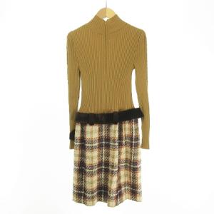 M'S GRACY ベロアベルト付き ドッキングワンピース チェック ツイードスカート ケーブル 縄編み × リブ編み ニット タートル ハイネック