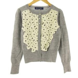 フラワーレース ニット カーディガン クルーネック フェイクパール 38 グレー