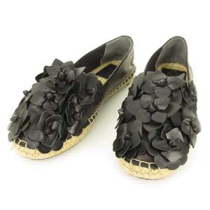 美品 レザー エスパドリーユ スリッポン フラットシューズ フラワーモチーフ 5 ブラック IBO31