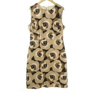 コットン シルク 総柄 ワンピース ノースリーブ ひざ丈 6 ベージュ