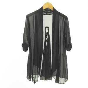 トップス ショールカラー × レースアップ シルク シフォン × ビーズ ビジュ付き 羽織り ブラウス ブラック 黒 IBO33