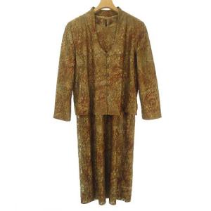 総レース アンサンブル セットアップ ロング ワンピース ノーカラー ジャケット 美品 11 ブラウン系 IBO33