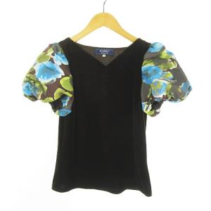 プルオーバー トップス バルーンスリーブ ボタニカルプリント 花柄 Vネック ストレッチ ベロア カットソー 38 日本製