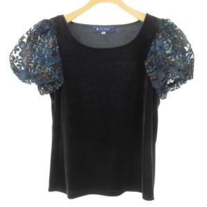 美品 ベロア パフスリーブ カットソー Tシャツ FS-325507 半袖 花柄 紺 ネイビー 40 L位 IBO33 0119