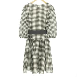 M'S GRACY 美品 ワンピース ひざ丈 半袖 ギンガムチェック シアー リボン IT-421329 黒 ブラック 白 ホワイト 36 S位