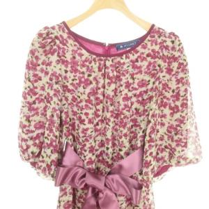 M'S GRACY 美品 ワンピース ひざ丈 半袖 花柄 フリル リボン KN-01501 ピンク 38 M位 IBO33 0120