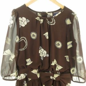 M'S GRACY シフォン 総柄プリント リボン ワンピース ひざ丈 38 茶  ブラウン IBO33 0119
