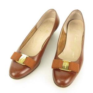 Salvatore Ferragamo BOUTIQUE ヴァラ リボン パンプス 型押レザー ラウンドトゥ 7 C ブラウン 茶 IBO33