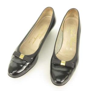 BOUTIQUE リボン モチーフ パンプス ローヒール ラウンドトゥ パテント 6 C ブラック IBO35