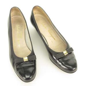 Salvatore Ferragamo BOUTIQUE リボン モチーフ パンプス ローヒール ラウンドトゥ パテント 6 C ブラック IBO35