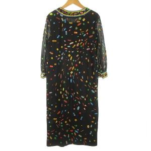 LEONARD FASHION お菓子柄 ワンピース ひざ丈 袖切り替え 金ボタン M 黒 ブラック 0127