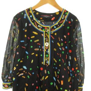 LEONARD FASHION お菓子柄 ワンピース ひざ丈 袖切り替え 金ボタン M 黒 ブラック 0127
