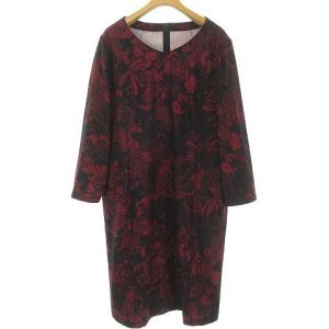 近年モデル 美品 ジャージー ボタニカル プリント ロング ワンピース ポリエステル 長袖 13 + 大きいサイズ ボルドー
