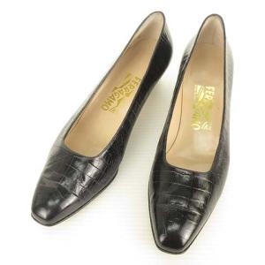 クロコ型押 パンプス スクエアトゥ ローヒール 9 AA ブラック 黒 IBO35