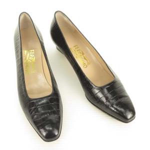 Salvatore Ferragamo クロコ型押 パンプス スクエアトゥ ローヒール 9 AA ブラック 黒 IBO35