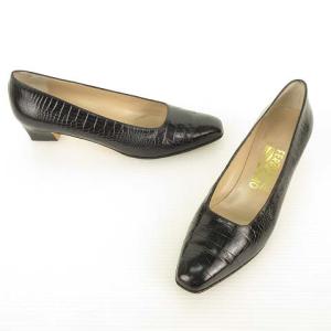 Salvatore Ferragamo クロコ型押 パンプス スクエアトゥ ローヒール 9 AA ブラック 黒 IBO35