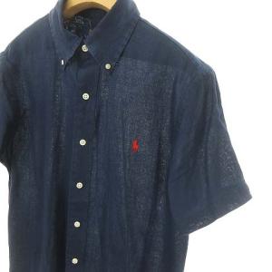 POLO RALPH LAUREN リネン ボタンダウン シャツ トップス ワンポイント 麻100% 半袖 S ネイビー 国内正規品