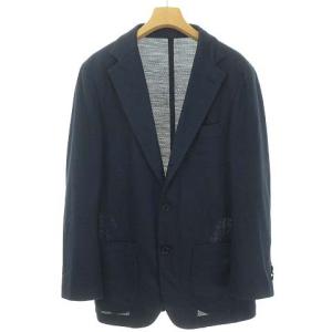 リネン 鹿の子 シングル 3B ジャケット 段返り テーラード ブレザー 44 ネイビー IBO33
