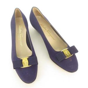 Salvatore Ferragamo BOUTIQUE ヴァラ リボン パンプス ローヒール ヌバックレザー 7 C パープル系 IBO36