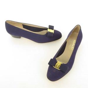 Salvatore Ferragamo BOUTIQUE ヴァラ リボン パンプス ローヒール ヌバックレザー 7 C パープル系 IBO36