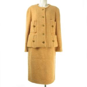 ヴィンテージ ツイードスーツ ノーカラー ココマーク 金ボタン 38 オレンジ