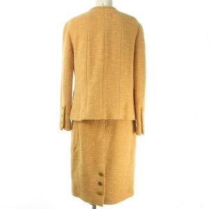 CHANEL ヴィンテージ ツイードスーツ ノーカラー ココマーク 金ボタン 38 オレンジ