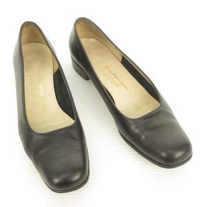 Salvatore Ferragamo BOUTIQUE スクエアトゥ プレーン レザー パンプス ローヒール 6.5 2A ブラック 黒