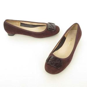 Salvatore Ferragamo ヴァラ ロゴプレート スウェード パンプス フラット ローヒール 6.5 D バーガンディ系 ECM