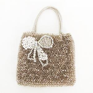 ビジューリボン ワイヤーバッグ パールビーズ × クリアビーズ × ストーン ロゴリング付き ミニバッグ パーティーバッグ