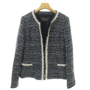 マリア MALHIA フランス製生地 美品 ツイード ノーカラー ジャケット レース装飾 9 ネイビー系 IBO36