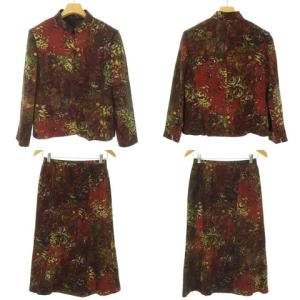 Leilian 美品 総柄 セットアップ スーツ スタンドカラー ジャケット ロング スカート ウール シルク 9 ボルドー系 IBO37