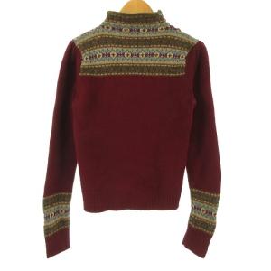 ボトルネック ニット セーター  ネックサイドボタン ノルディック柄 S ボルドー 0405