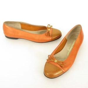 Salvatore Ferragamo キャップトゥ リボン パンプス フラット シューズ 6 C オレンジ系 IBO37