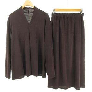 セットアップ カットソー ウール シルク 長袖 プルオーバー ひざ丈 スカート こげ茶 ダークブラウン IBO37
