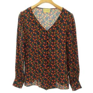 シルク サテン Vネック ブラウス フラワープリント 花柄 美品 36 ネイビー系 IBO37