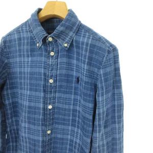 RALPH LAUREN 2017 リネン チェック シャツ トップス ボタンダウン 長袖 S インディゴ ブルー