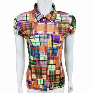 PLEATS PLEASE ISSEY MIYAKE 極美品 パッチワーク柄 プリーツブラウス フレンチスリーブ ランダムチェック