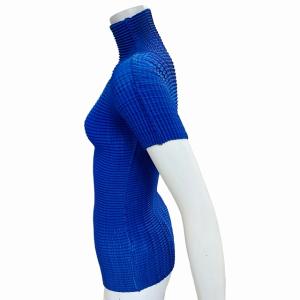 ISSEY MIYAKE (T.) 美品 プリーツ ハイカット 半袖カットソー Tシャツ トップス ブルー 3 0630 IBO41