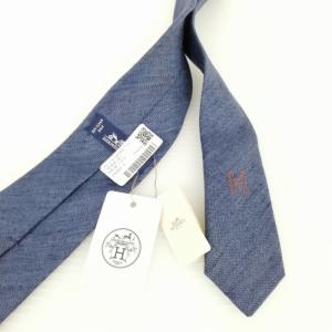HERMES ネクタイ リネン ヘリンボーン ネイビー