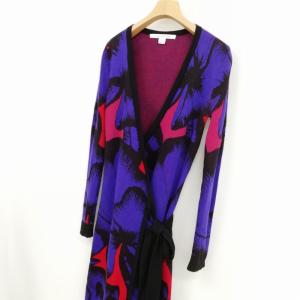 DIANE von FURSTENBERG 総柄 ウール ニット ラップ ワンピース 長袖 S パープル系