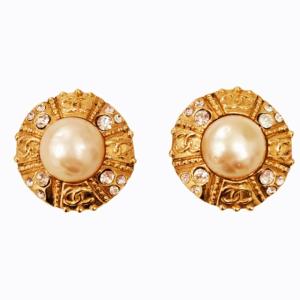 ヴィンテージ フェイクパール ココマーク イヤリング CC ストーン 金メッキ ゴールド 0821