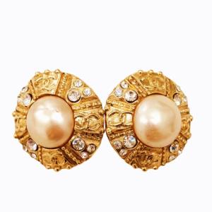 CHANEL ヴィンテージ フェイクパール ココマーク イヤリング CC ストーン 金メッキ ゴールド 0821