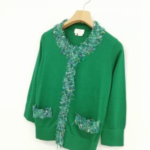 kate spade new york 美品 シルク コットン ニット ツイード切替 カーディガン トップス 長袖 S グリーン